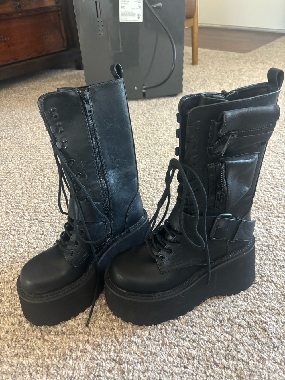 Black Platform Lace-Up Combat Boots with Side Zip